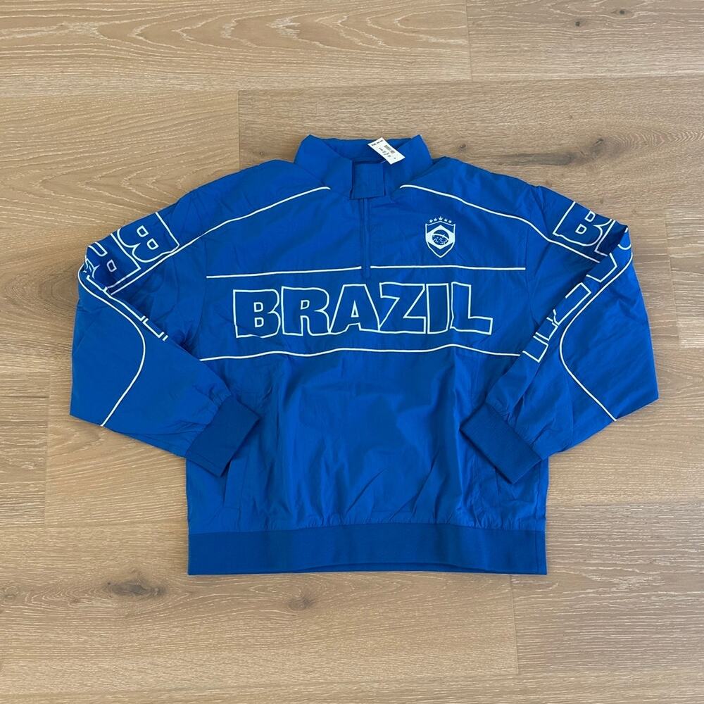 Goodie Two Sleeves Brazil Soccer Track Top Quarter Zip Size M Blue White